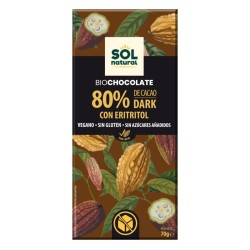 Chocolate 80% Cacao Eritritol Bio Vegan Sin Gluten 70g...